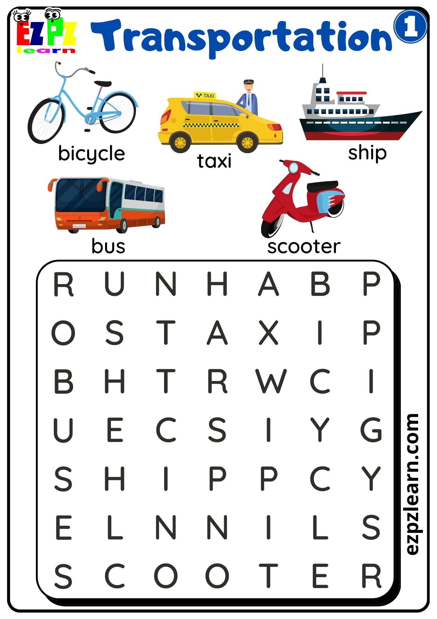 Transportation Vocabulary Word Search Worksheet Easy For Kids Free 